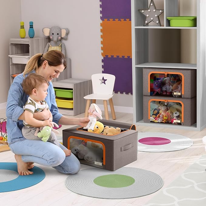 Sorbus® Storage Bins Boxes, Foldable Stackable Container Organizer Basket Set with Large Clear Window & Carry Handles, for Bedding, Linen, Clothes (Brown)