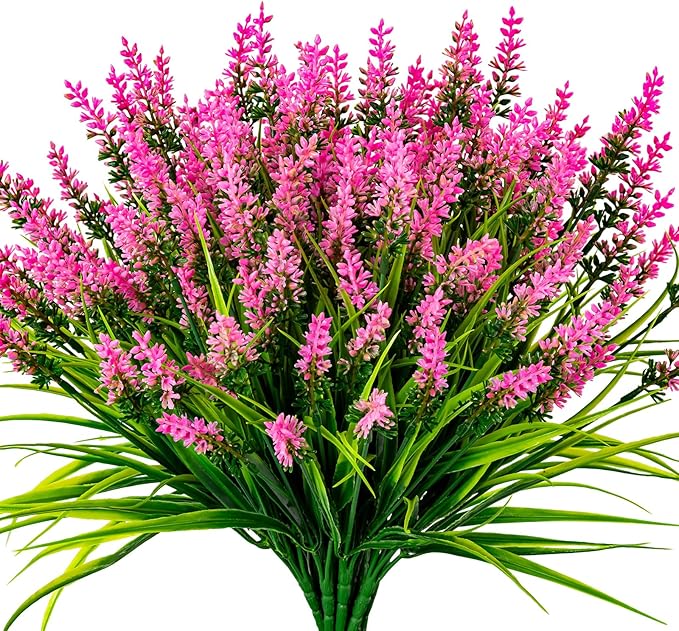 Artificial Flowers for Outdoor Plants 24 Bundles Fake Lavender Plastic Faux Monkey Grass for Verandah Window Garden Office Patio Front Porch UV Resistant for Planter(Pink)