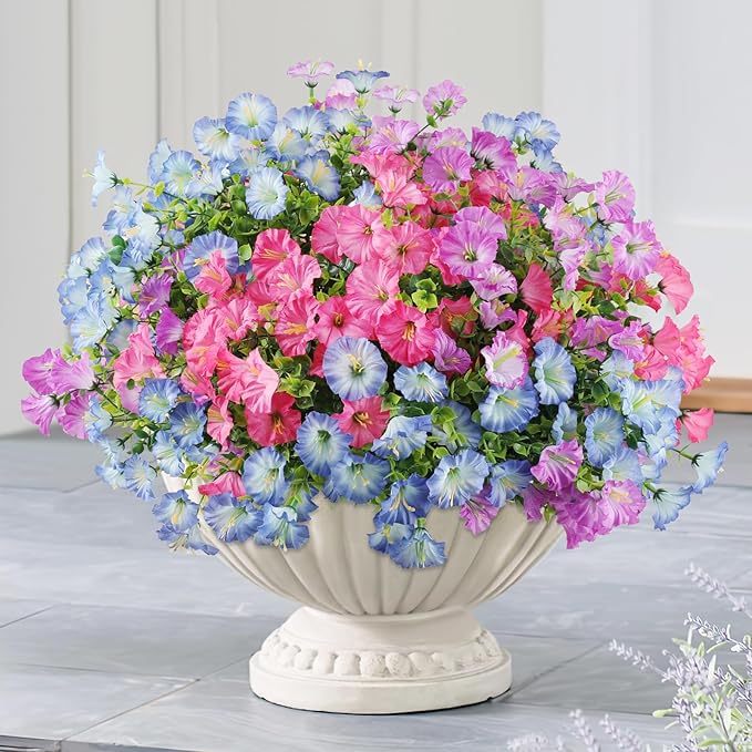 12PCS Artificial Flowers for Outdoor Decorations, Realistic Faux Silk Petunia Flowers for Outside, Fake Plants Morning Glory with Eucalyptus Porch Patio Planters Window Boxes Decor