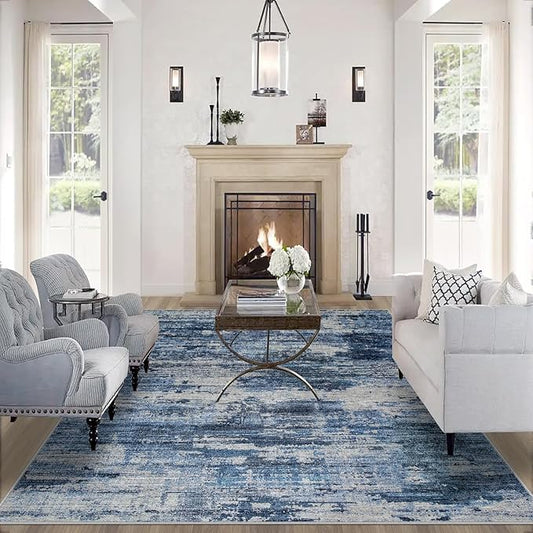 10x14 Area Rugs for Living Room: Large Machine Washable Area Rug with Non Slip Backing Non Shedding Abstract Stain Resistant Carpet for Bedroom Dining Room Nursery Home Office - Beige/Blue