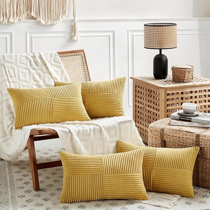 Fancy Homi 4 Packs Mustard Yellow Lumbar Decorative Throw Pillow Covers 12x20 Inch for Living Room Couch Bed, Rustic Farmhouse Boho Home Decor, Soft Striped Corduroy Rectangle Accent Cushion Case