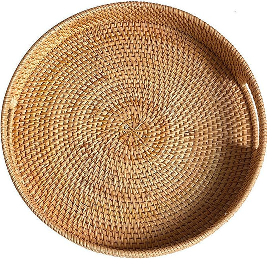 16.9" Round Rattan Tray, Hand Woven Serving Tray with Handles, Wicker Serving Basket, Decorative Tray for Home Decor, Natural