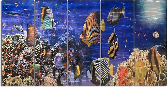 Yihui Arts Cosatal Metal Wall Art, Large Nautical Metal Wall Art in Modern Ocean Design, 3D Outdoor Pictures Wall Decor, 5 Panels, Metal School of Fish Art