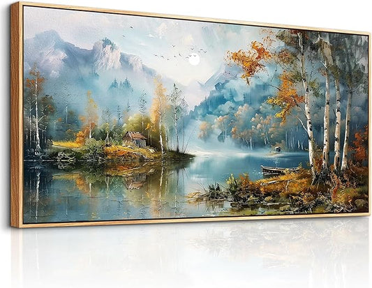ZUITINGHUA Large Wood Framed Wall Decor For Living Room Canvas Wall Art For Office Modern Wall Decorations For Bedroom Lake View Painting Tree Forest Pictures Artwork Room Home Decor 24x48 In