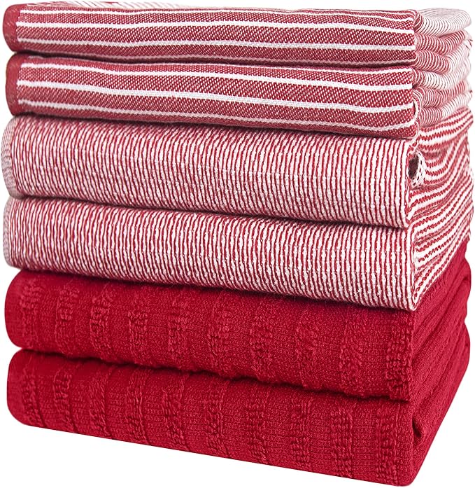 Premium Cotton Kitchen Towels (20”x 28”, 6 Pack) | Large Absorbent Terry & Flat Towel Set with Hanging Loop | Red