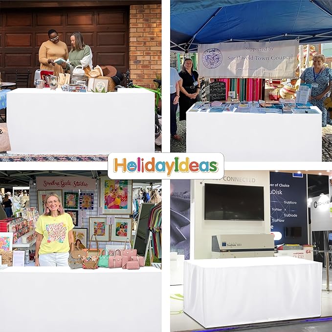 HolidayIdeas Open Back Fitted Tableclothss for 6 Ft Rectangle Table, Wrinkle Resistant Washable Table Covers 96x30 Inch for Craft Fairs, Banquets, Trade Show Display, White,6 Pcs