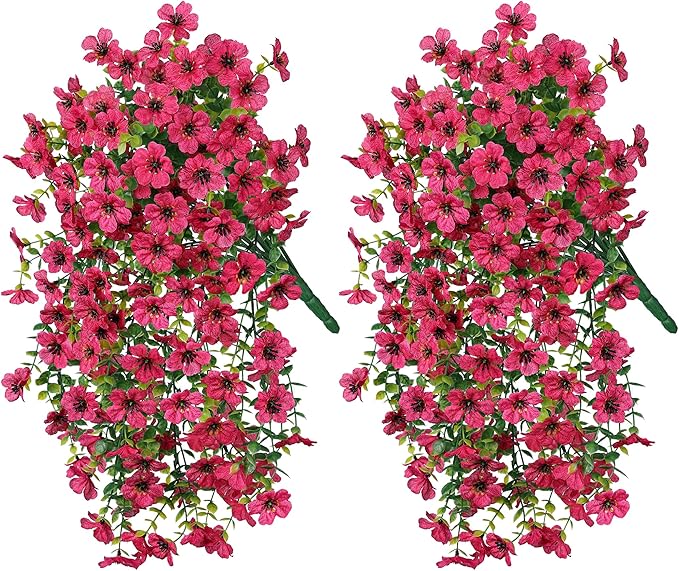 Artificial Flowers for Outdoors Fake Hanging Decoration, 2Pcs Hotpink Spring Decor, Realistic Plants, UV & Fading Resistant Silk Flower for Porch Patio Balcony Planter Yard
