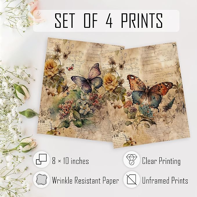 HRQKO Vintage Retro Butterfly Flower Wall Art Poster Prints Set of 4, Butterfly Floral Pictures Artwork Printing Posters Wall Decor, Blossom Botanical Prints for Bathroom Living Room 8”x10” Unframed