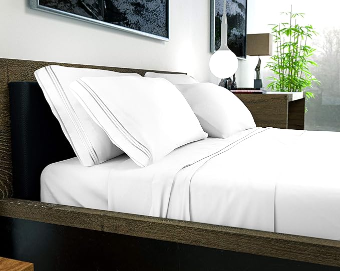 DREAMCARE Full Size Bed Sheet Set - Cooling, Extra Deep Pocket, 6pcs Set - Soft & Long Lasting 100% Fine Brushed Polyester - White, Includes Side Pocket