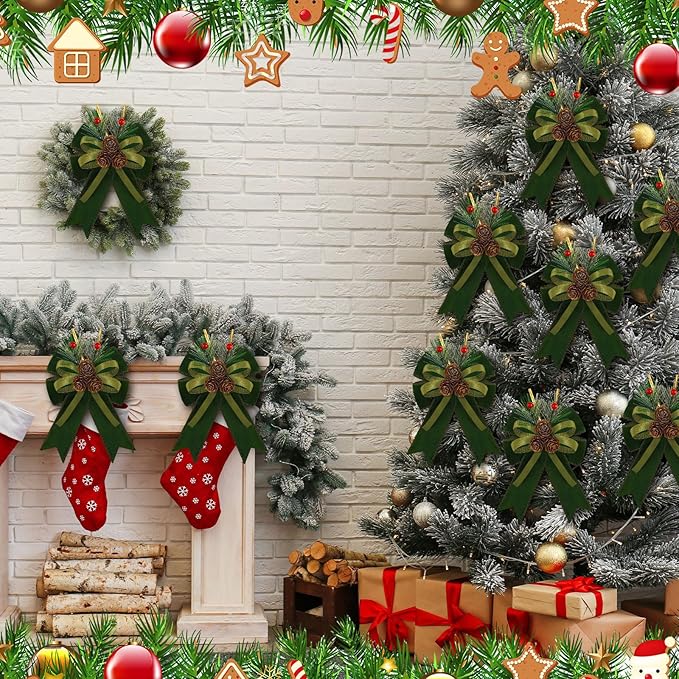 Syhood 6 Pcs Christmas Bows with Pine Cones Pine Needles Xmas Velvet Bows Sage Green Ribbon Christmas Tree Wreath Decoration for Xmas Parties Indoor Outdoor Crafts DIY Decor