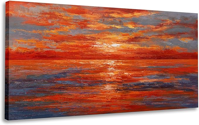 Red Sunset Ocean Abstract Wall Art Canvas Print Wall Decor Landscape Painting Framed Beach Artwork for Living Room Bedroom Office Farmhouse Bar Home Decor 24"x48"