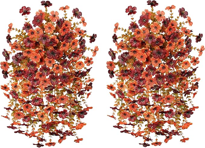 Artificial Autumn Flowers for Outdoors Fall Light Orange & Brown Daisy, Fake Hanging Decoration, 2Pcs Outside Decor, Realistic Plants, Silk Flower for Porch Patio Balcony Planter Yard