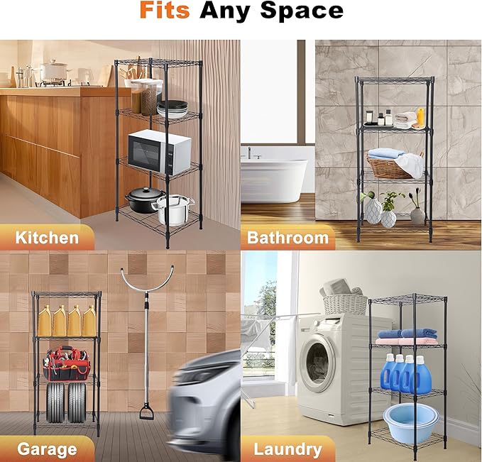 Whitmor 4 Tier Storage Shelves, Heavy Duty Metal Shelving, 400 lbs Capacity per Shelf, 1600 lbs Total, Easy Assembly for Kitchen, Garage, Plant, 18" L x 12" W x 38" H, Black