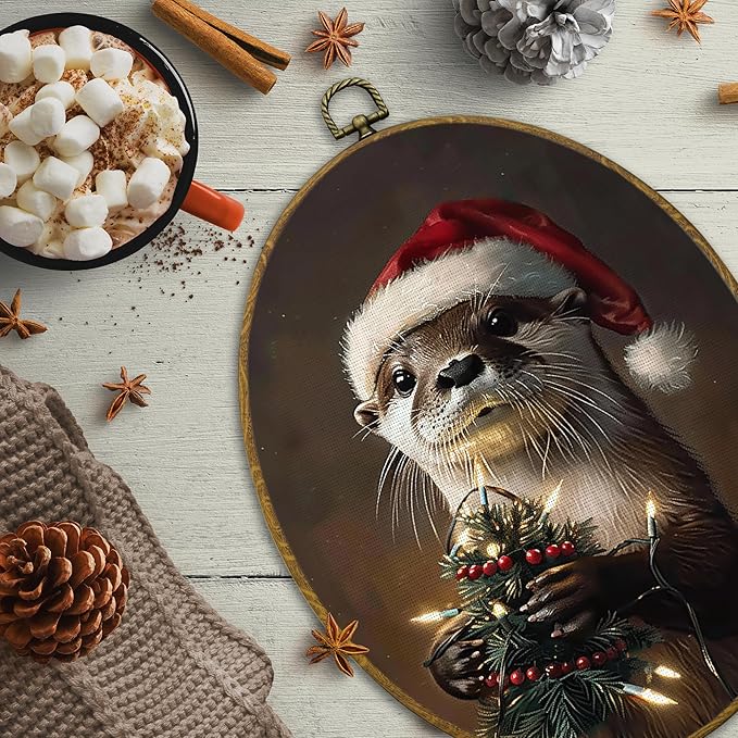 CUANFDDSF Vintage Christmas Otter Oval Wall Art Decor, Dark Academia Santa Otter Wall Hanging Decor, Rustic Holiday Winter Christmas Framed Canvas Prints for Home Bedroom Living Room, 8.6x11.4 Inch