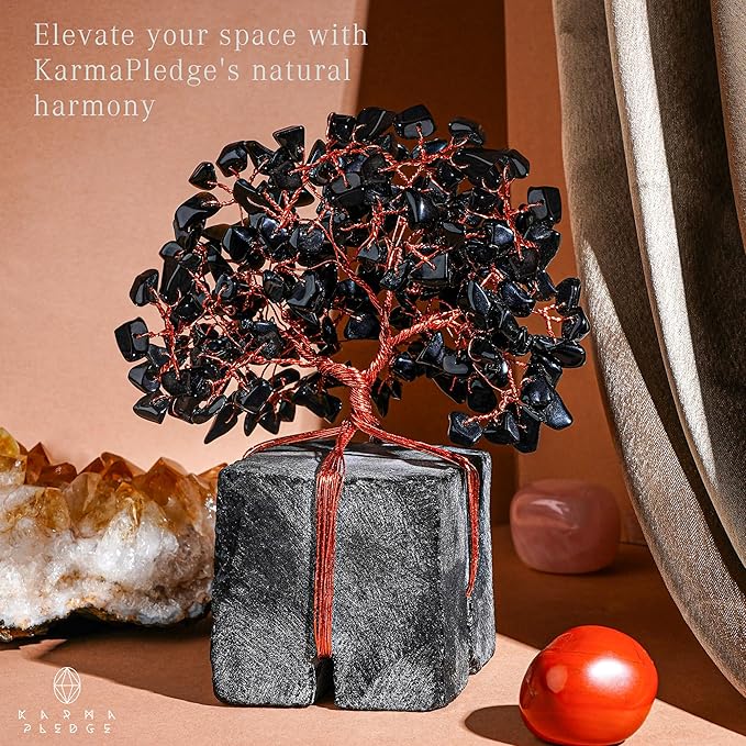 Crystal Tree of Life Feng Shui Decor for Home and Office, Blask Obsidian Chakra Healing Crystal Handmade Tree for Positive Energy, Money, Good Luck, Christmas Decor, Birthday Gifts for Women