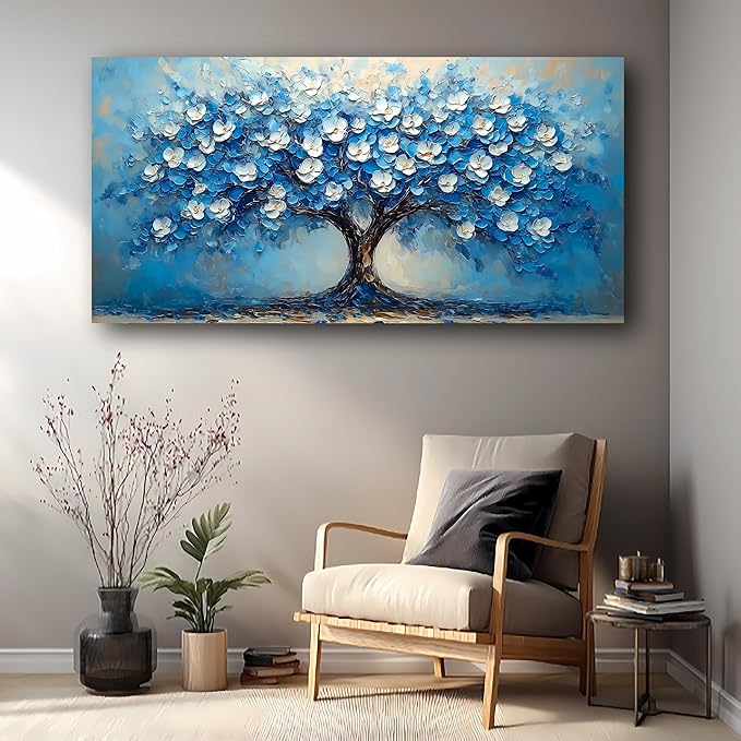 Abstract Wall Art Canvas Print Tree of Life Painting Blue Bathroom Decor Paintings Modern Style Living Room Bedroom Office Home Kitchen Decor Nature Landscape Artwork Wooden Frame 20x40 inches