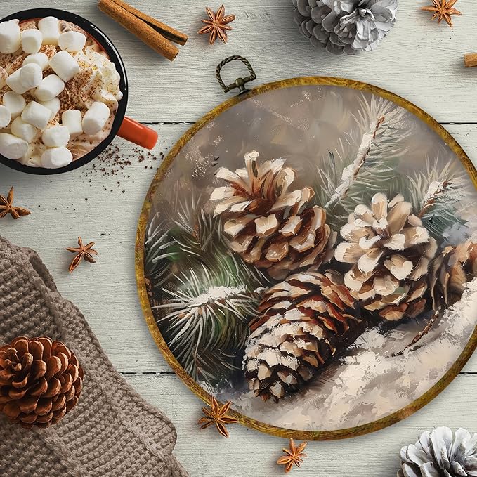 CUANFDDSF Vintage Christmas Winter Pinecones Round Wall Art Decor, Rustic Nature Pine Cone Wall Hanging Frame Decor, Farmhouse Christmas Winter Canvas Prints Decorations for Home Bedroom, 10x10 Inch