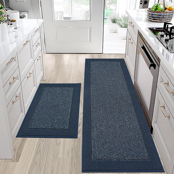 BEQHAUSE Kitchen Rugs and Mats Set of 2 Non-Slip Kitchen Mats for Floor, Absorbent and Stain Resistant Kitchen Runner, Machine Washable Rugs for Kitchen, Laundry & Sink, 24"x36"+24"x60", Blue