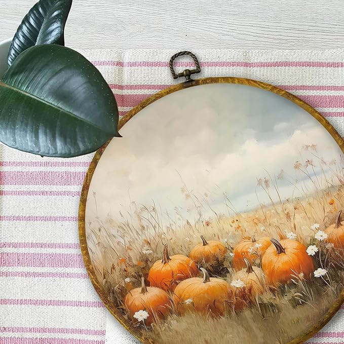 Mcehtle Vintage Fall Pumpkin Wall Art Decor, Rustic Autumn Wildflower Field Landscape Framed Canvas Prints 10x10, Countr Farmhouse Round Wall Hanging Artwork Decorations for Bedroom Living Room Home