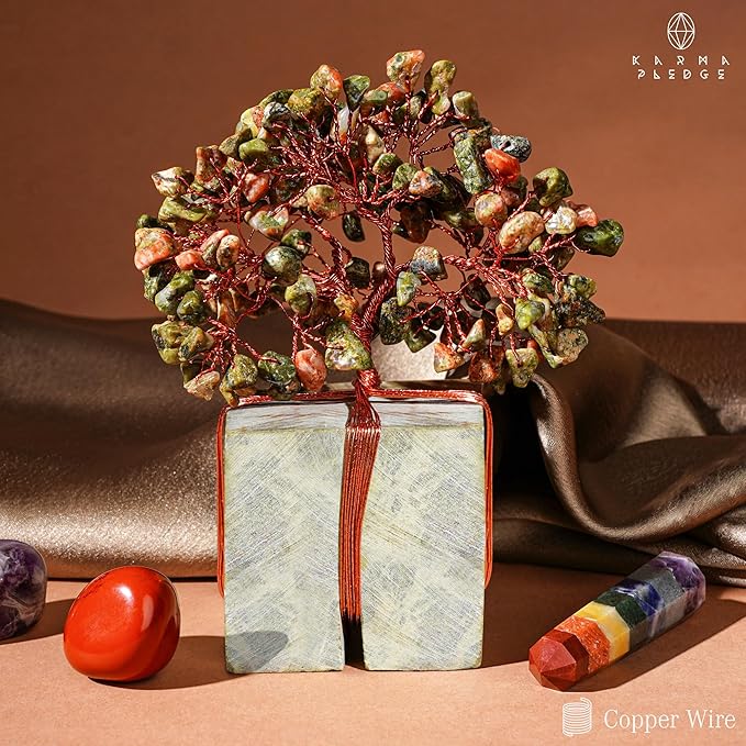 Crystal Tree for Birthday Gifts for Women, Handmade Raw Crystal Base Unakite Chakra Healing Crystal Tree of Life for Positive Energy, Money, Good Luck, Christmas Décor, Home and Office Decor