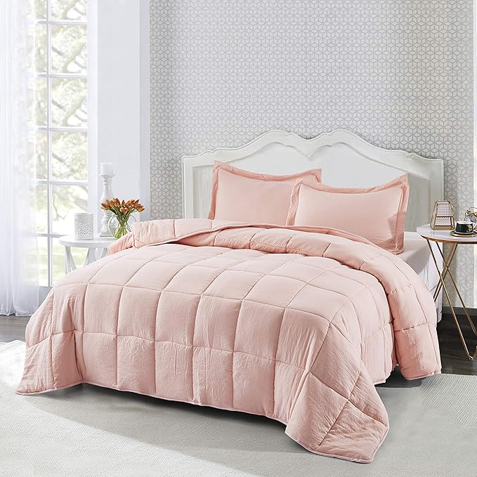 HIG 3pc Down Alternative Comforter Set - All Season Reversible Comforter with Two Shams (King/Cal King, Pre-Washed Pink)