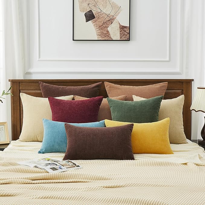 GAWAMAY Lumbar Decorative Throw Pillow Covers 12"x20" Inch Set of 2, Super Soft Chenille Rectangle Pillowcase for Living Room Bedroom Sofa Couch Cushion Support Pillow Cover 30x50cm Coffee (No Insert)