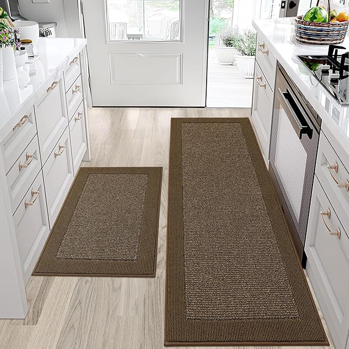 BEQHAUSE Kitchen Rugs and Mats Set of 2 Non-Slip Kitchen Mats for Floor, Absorbent and Stain Resistant Kitchen Runner, Machine Washable Rugs for Kitchen, Laundry & Sink, 24"x36"+24"x60", Brown