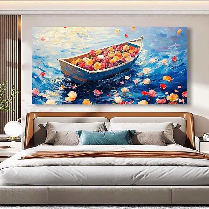 Flowers Boat Oil Pictures Wall Art Bedroom Wall Decor Living Room,Ocean Canvas Wall Art Office Farmhouse Paintings Artwork Modern Rose Colorful Flower Petals Blue Sea Waves Wall Art Prints 20 * 40inch