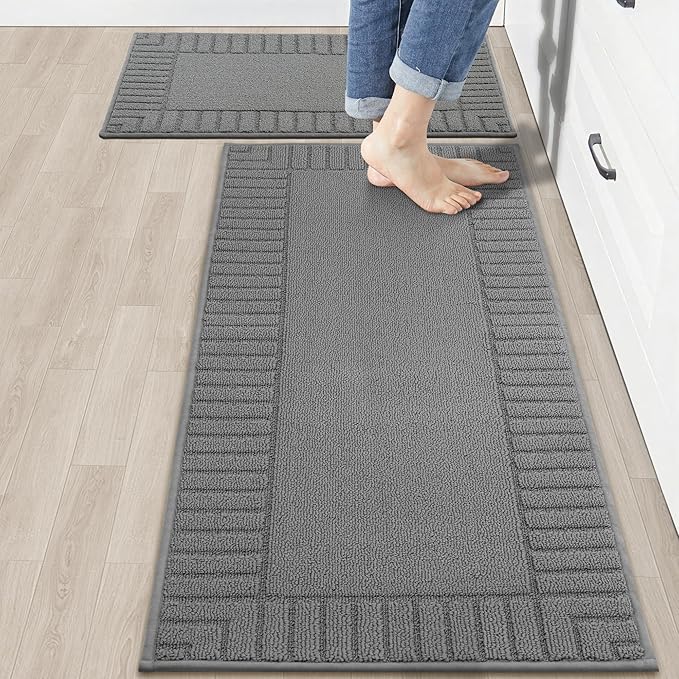 BEQHAUSE-Kitchen-Rugs-Washable-Kitchen-Mats-for- Floor Non-Slip Kitchen Mat Set of 2 Absorbent Kitchen Runner with TPR Non Skid Backing,Grey,20x30inch/20x48inch