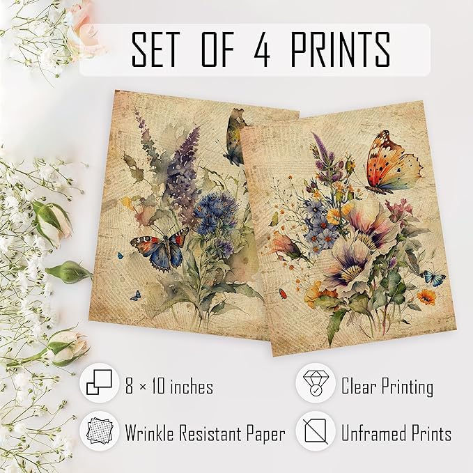 HRQKO Vintage Butterfly Floral Wall Art Poster Prints Set of 4, Floral Wall Art, Retro Wildflower Artwork Printing Posters Wall Decor, Butterfly Flowers Prints for Living Room Bedroom 8”x10” Unframed