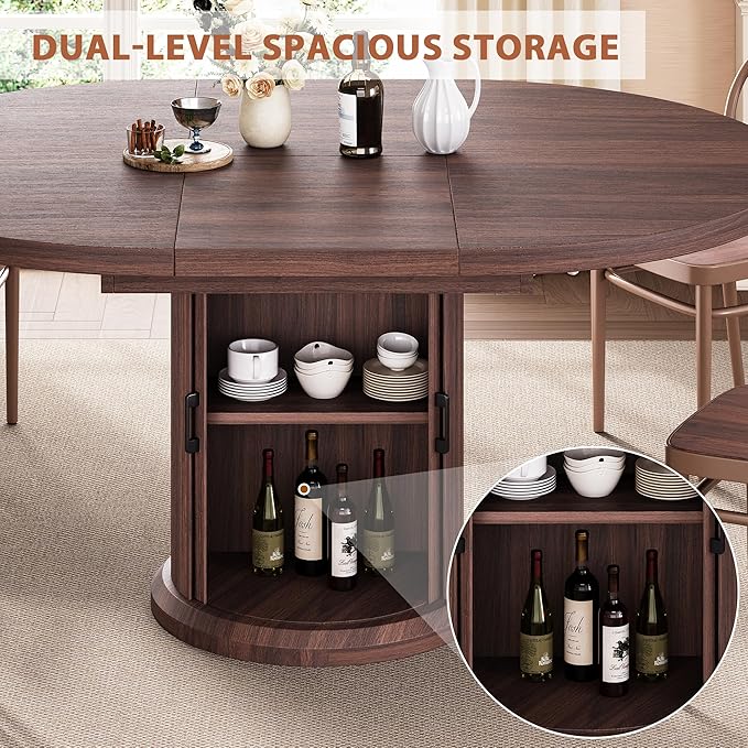 Dining Table for 4-6,63“Extendable Round Kitchen Dining Room Table with 2-Tier Storage Shelf, Space Saving Expandable Wood Oval Circle Dinner Furniture with Pedestal Base (Brown)