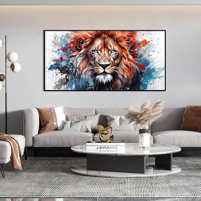 ZHAOSHOP Lion Art Wall Decor for Living Room - Colorful Modern Wall Art for Office - Black Framed Wall Art for Bedroom Size 29" x 59"