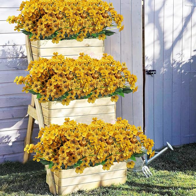 Uieke 16PCS Artificial Flowers for Outdoors UV Resistant No Fade Yellow Fake Flowers for Outside Home Garden Porch Window Box Home Summer Fall Décor (Yellow)