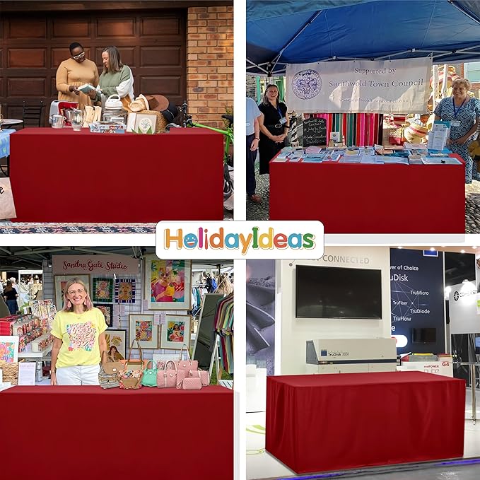 HolidayIdeas 4 Pack Red Fitted Tablecloth for 8ft Tables, 4-Sided Christmas Table Cover for Holiday Markets, Yard Parties, & Gift Tables, Wrinkle-Resistant Washable Xmas Decorations