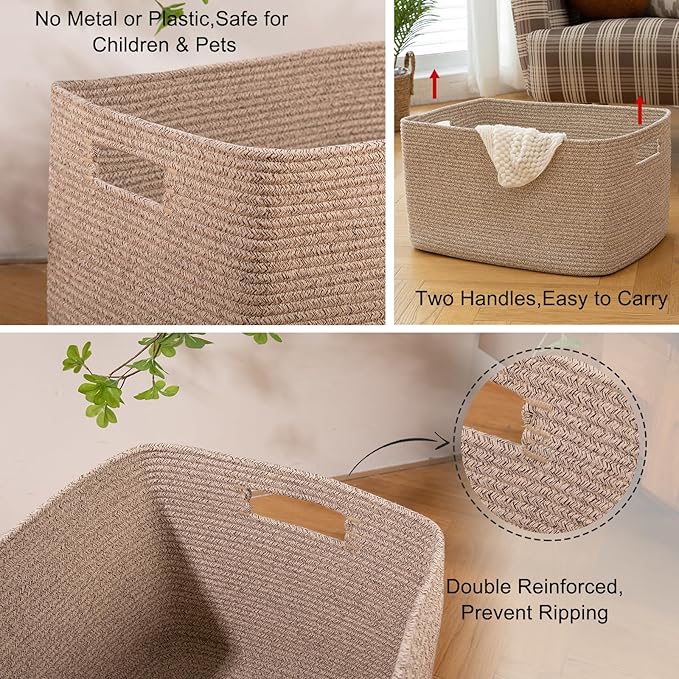OIAHOMY Cotton Rope Basket, Rectangle Woven Nursery Blanket Basket, Toy Storage Basket with Handle, Baskets for Organizing, 18”x14”x12”, Brown variegated