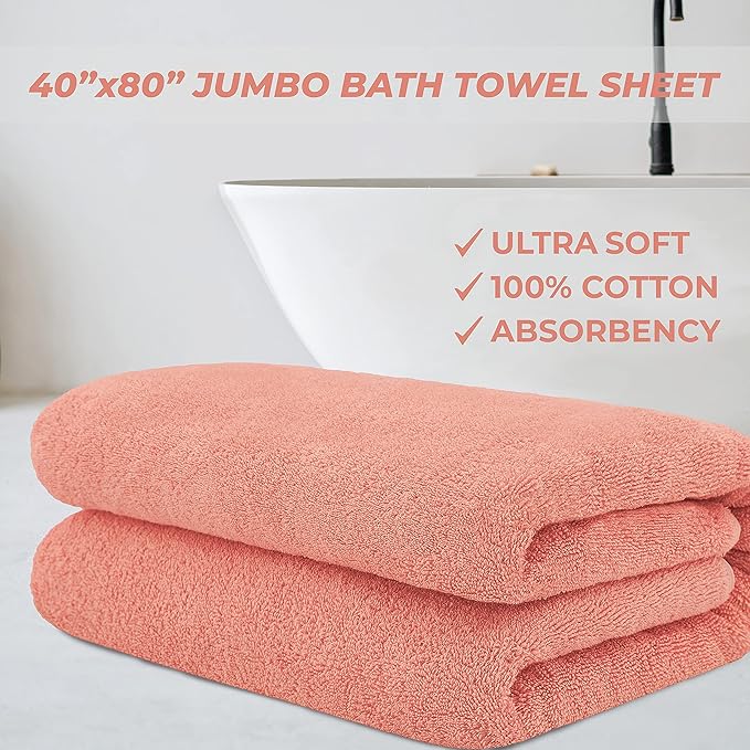 Cotton Paradise 100% Cotton 40x80 Oversized Bath Sheet, Extra Large Turkish Bath Towels for Bathroom, Coral Bathsheet
