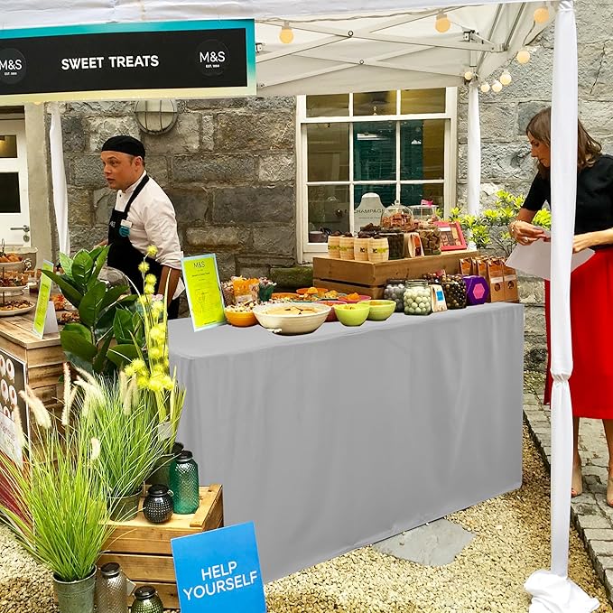 HolidayIdeas Open Back Fitted Tableclothss for 8 Foot Rectangle Table, Wrinkle Resistant Washable Table Covers 96x30 Inch for Craft Fairs, Banquets, Trade Show Display, Siver Grey,4 Pcs