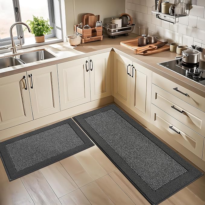 BEQHAUSE Kitchen Rugs and Mats Set of 2 Non-Slip Kitchen Mats for Floor, Absorbent and Stain Resistant Kitchen Runner, Machine Washable Rugs for Kitchen, Laundry & Sink, 24"x36"+24"x60", Charcoal