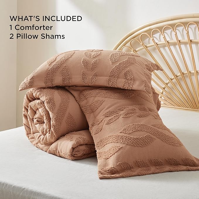 Bedsure King Size Comforter Set Taupe, Boho Tufted Bed Set, Farmhouse Jacquard Cable Knit Pattern Bedding, 3 Pieces, 1 Shabby Chic Fluffy Comforter & 2 Pillow Shams