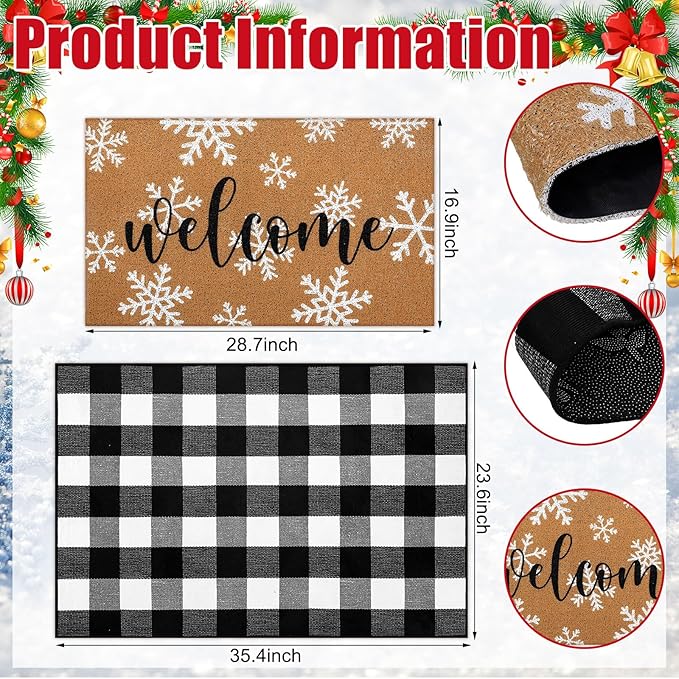 2 Pcs Christmas Welcome Door Mat Winter Snowflake Outdoor Welcome Mats for Front Door Non Slip Winter Coir Floor Mat Black White Check Christmas Rug for Outside Front Porch Entryway Decor