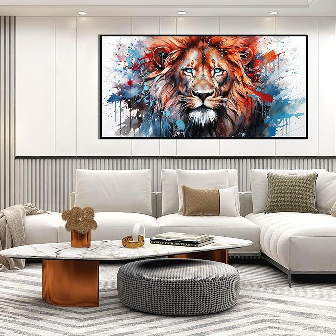 ZHAOSHOP Lion Art Wall Decor for Living Room - Colorful Modern Wall Art for Office - Black Framed Wall Art for Bedroom Size 29" x 59"