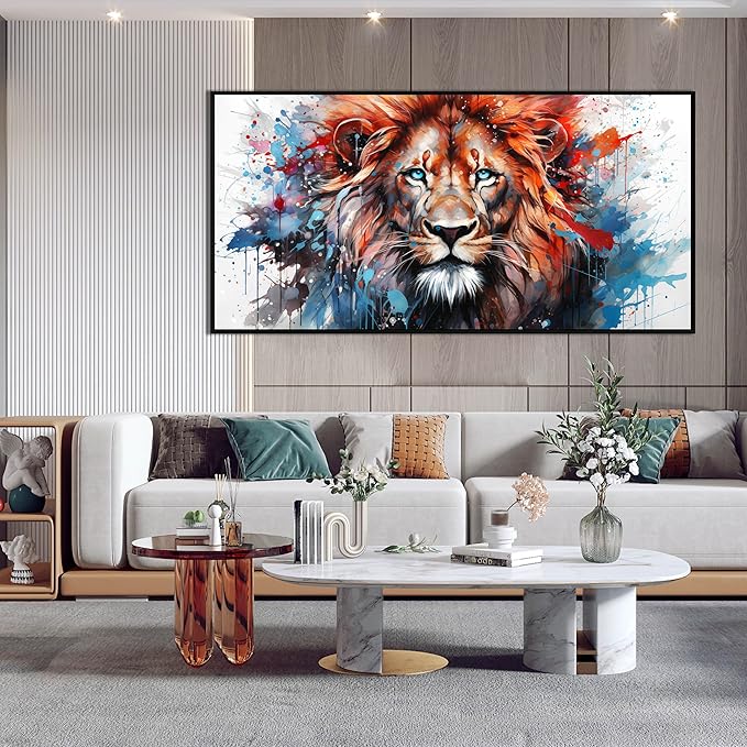 ZHAOSHOP Lion Art Wall Decor for Living Room - Colorful Modern Wall Art for Office - Black Framed Wall Art for Bedroom Size 29" x 59"