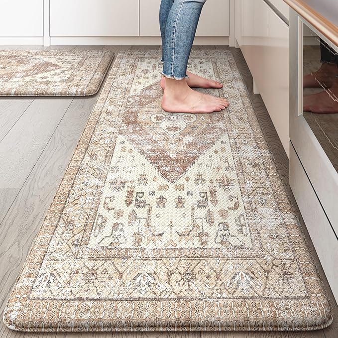 KIMODE Anti Fatigue Kitchen Mat, Farmhouse Kitchen Rugs Sets of 2, Non-Slip Waterproof Kitchen Floor Mats, Ergonomic Cushioned Standing Mat for Sink, Laundry, Desk Khaki 20"x47"+20"x32"
