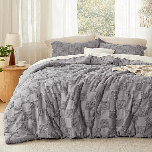 Bedsure Queen Size Comforter Set Grey, Boho Tufted Bed Set, Checkered Farmhouse Shabby Chic Bedding, 3 Pieces, 1 Plaid Geometric Comforter and 2 Pillow Shams
