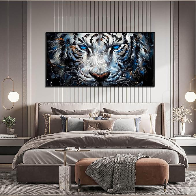 ZHAOSHOP White Tiger Art Wall Decor for Living Room - Black and White Office Decor for Men - Black Framed Canvas Wall Art Size 29" x 59"