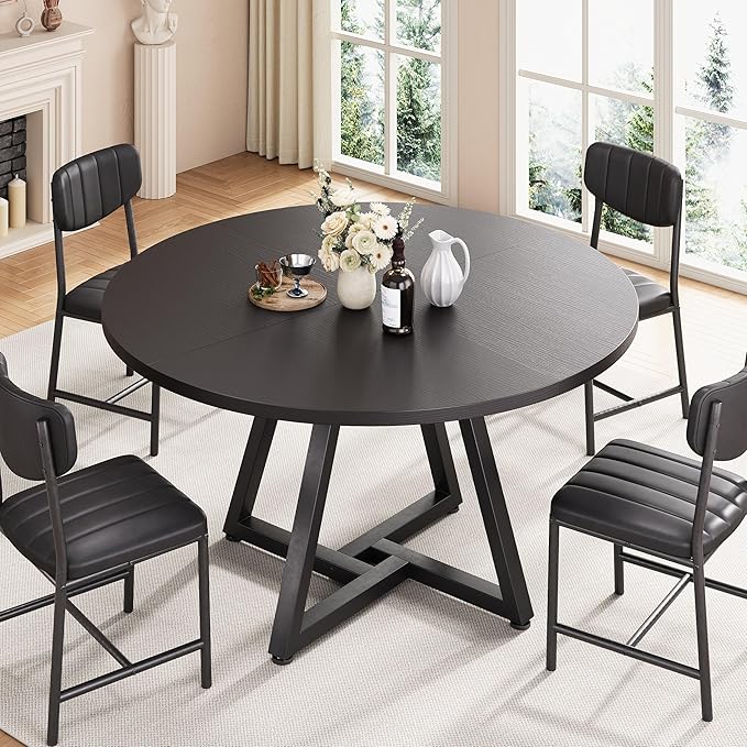 Round Kitchen Dining Room Table Circle Dining Dinner Table with Pedestal Metal Frame, Space Saving Wood Industrial Furniture for Small Space (Black, 47IN)