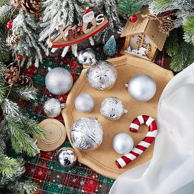 Wironlst Christmas Ball Ornaments - 30pcs Shatterproof Plastic Christmas Ornaments Hanging Ball Decorations for Xmas Tree, Holiday, Wedding, Party (Multi-Size, Silver)