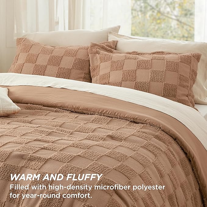 Bedsure King Size Comforter Set Taupe, Boho Tufted Bed Set, Checkered Farmhouse Shabby Chic Bedding, 3 Pieces, 1 Plaid Geometric Comforter and 2 Pillow Shams