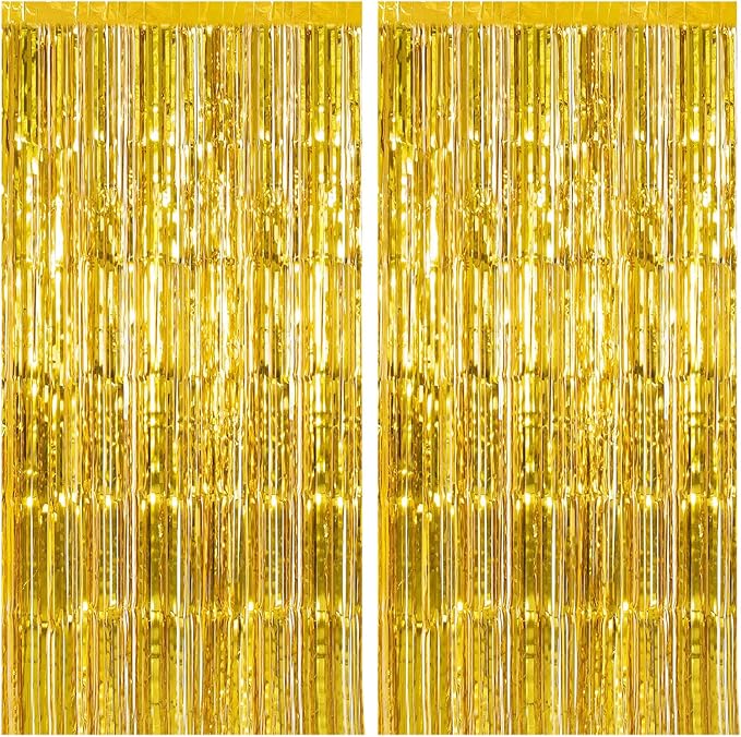 2 Pack Gold Backdrop Birthday Decorations Foil Curtain Backdrop Gold Streamers Dance Party Decorations Photo Booth Props for Bachelorette Decorations Christmas Halloween New Years Eve Party Supplies