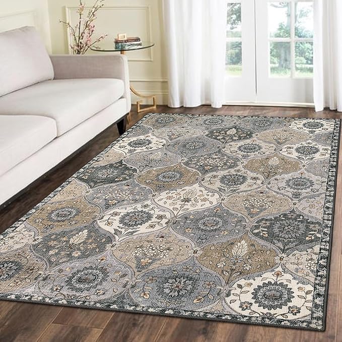 Lahome Moroccan Trellis Washable Area Rug, 5x7 Rugs for Living Room Indoor Non-Slip, Large Oriental Accent Throw Carpet for Bedroom Entryway Bathroom Office, Grey
